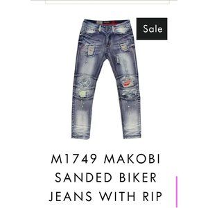 NEW WITH TAG MAKOBI M1749 SANDED BIKER RIP MENS DENIM JEANS DARK WASH 38in x 34